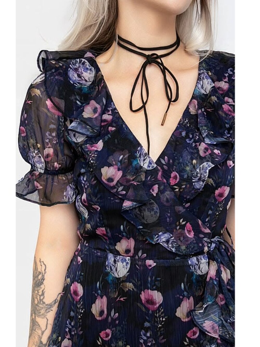 DISTURBIA Socordia floral whimsigoth moon print chiffon mini wrap dress